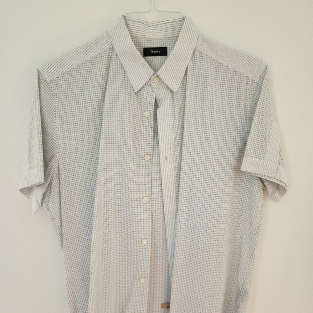 Theory Mens Blue White Black Check Short Sleeve Button Up Shirt Size Large